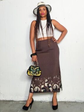 Vintage Brown Maxi Skirt with Floral Hem, fits M